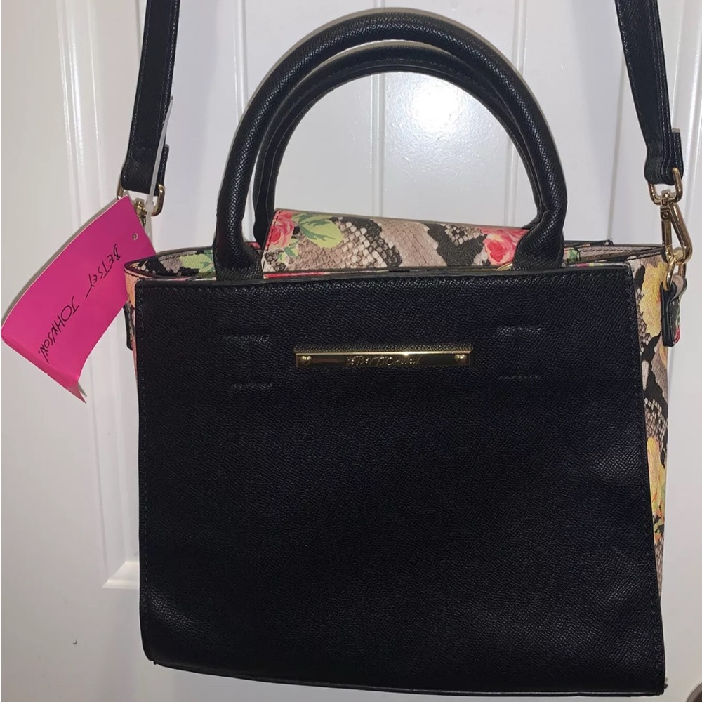 Betsey Johnson Chloe Floral Snake Print Sides Black Fx Leather Satchel Shldr Bag